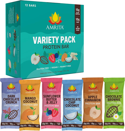 Amrita Nut Free Vegan Protein Bars 6 Flavor Variety Pack (12 Count)