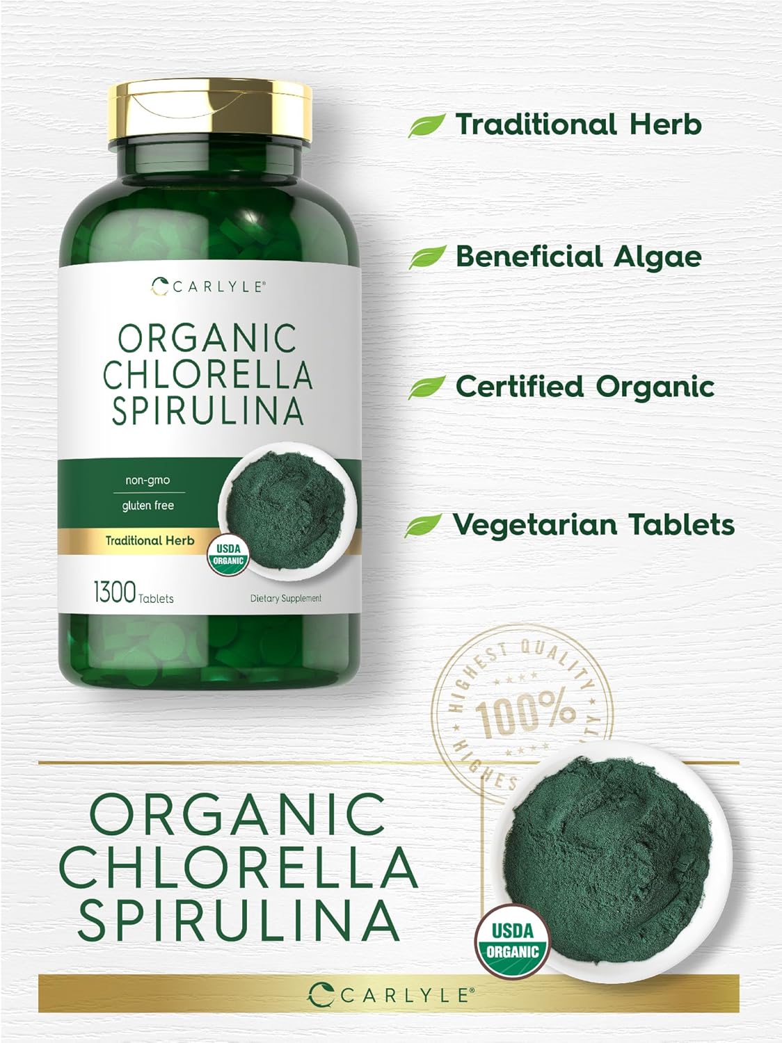 Carlyle Organic Chlorella Spirulina Tablets 1300 Count