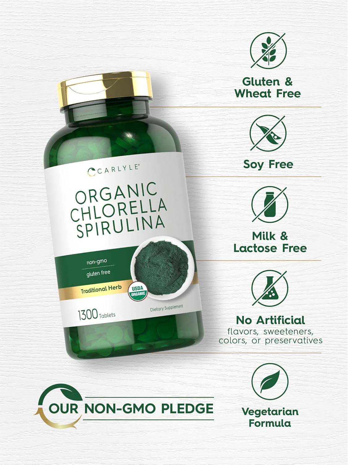 Carlyle Organic Chlorella Spirulina Tablets 1300 Count