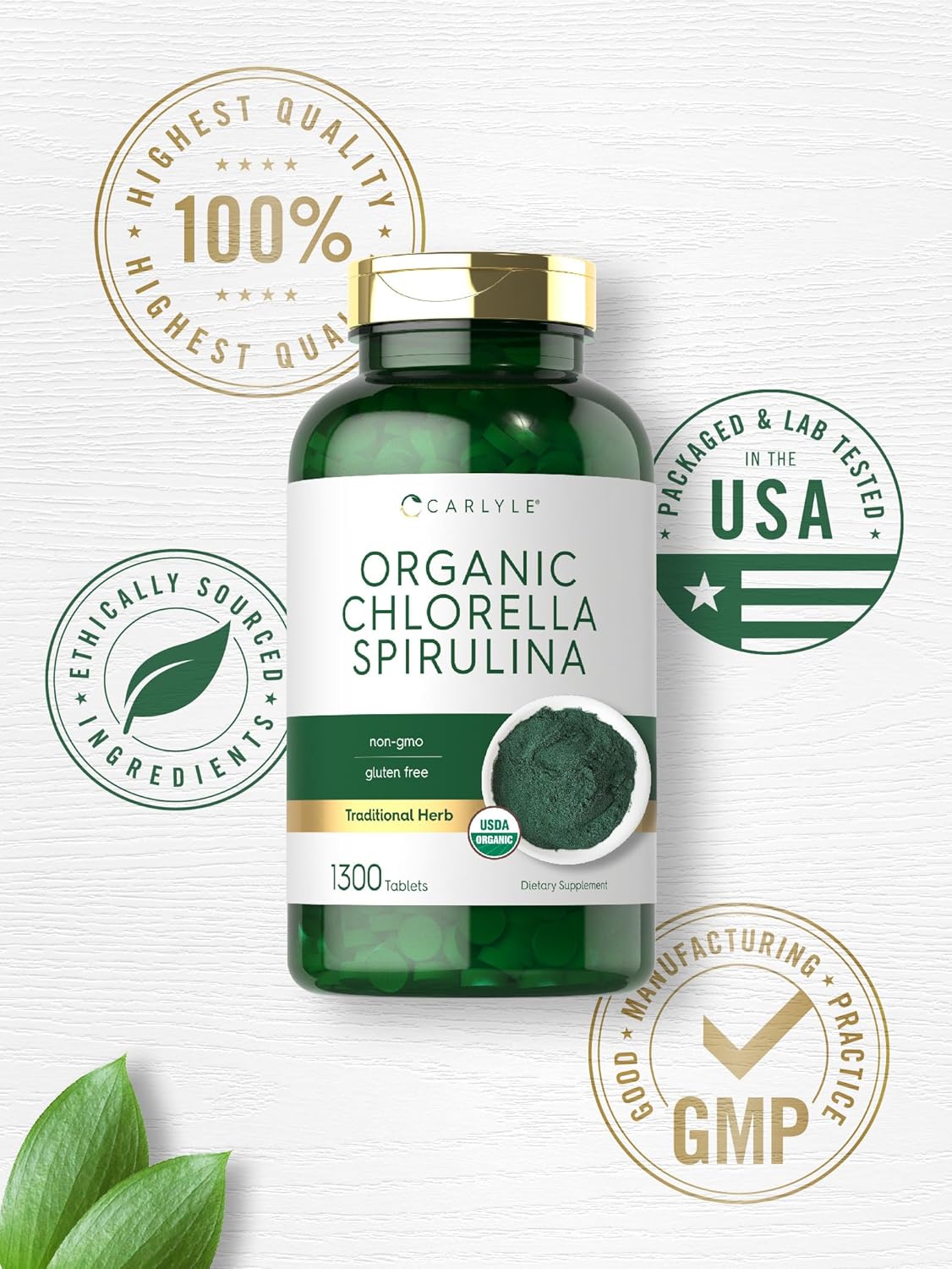 Carlyle Organic Chlorella Spirulina Tablets 1300 Count